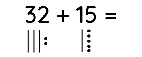 32 + 15 = with sticks and dots