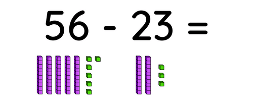 56 - 23 = base ten blocks
