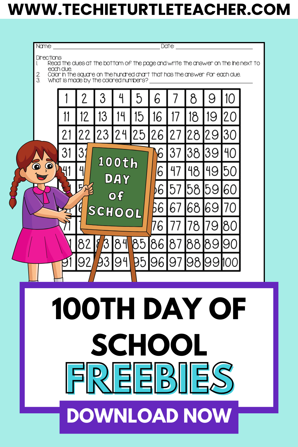 100th day of school freebies pinterest pin