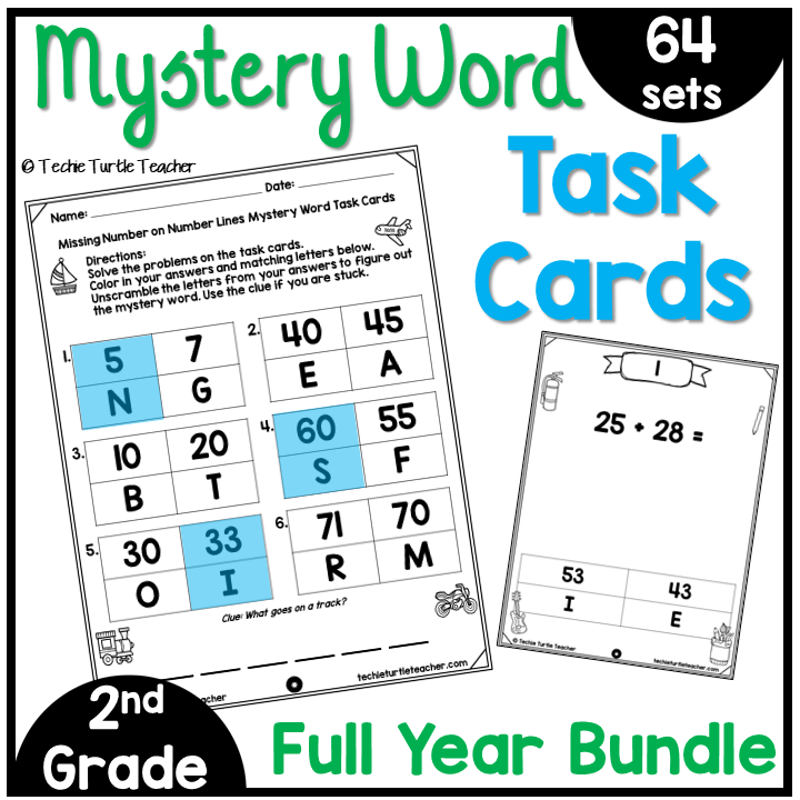 Mystery Word Task Cards Full Year Bundle 2nd Grade