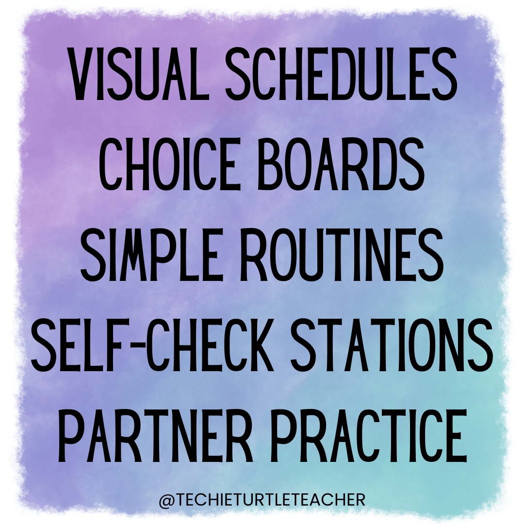 visual schedules, choice boards, simple routines, self-check stations, partner practice