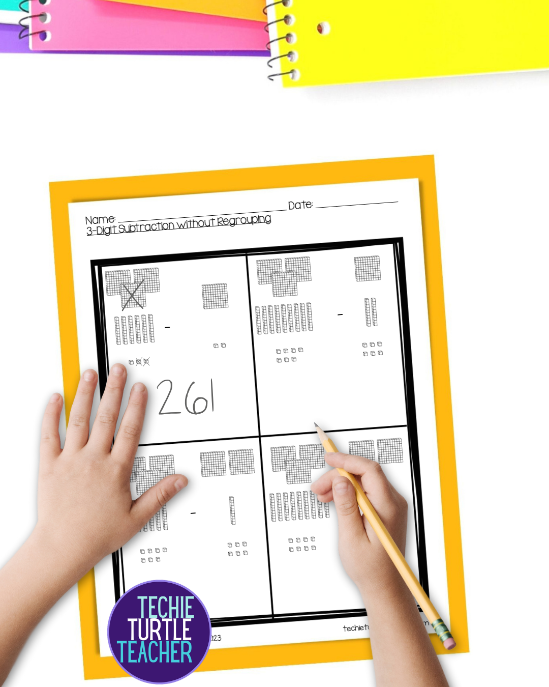 3-digit subtraction using base ten blocks example